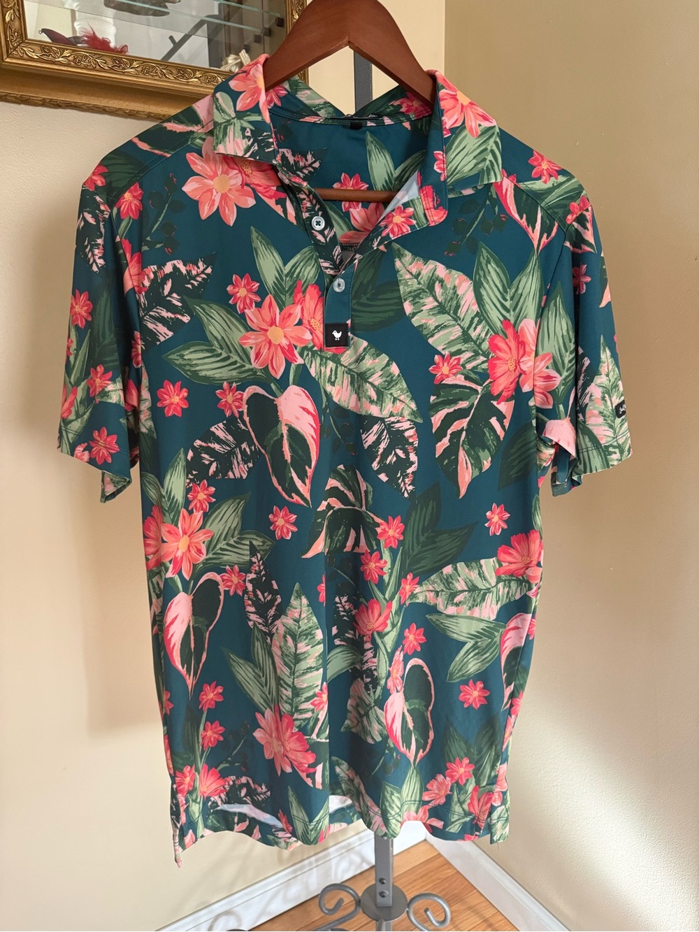 Bad Birdie Teal Polo with Pink Floral Print Men’s S